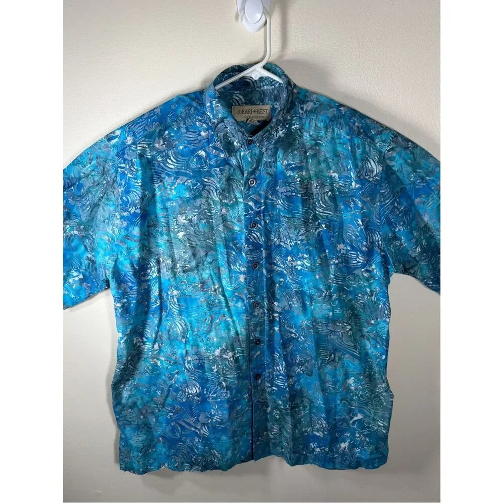 Johari West Button Up Mens XL Blue Fish Short Sleeve